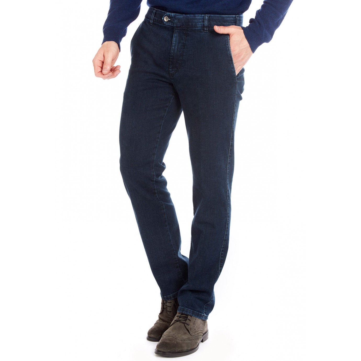Хлопковые мужские брюки Meyer, модель Bonn 6-485/20 синие, джинсовые купитьв Москве в интернет-магазине SHOP4BIG - цена, фото, описание