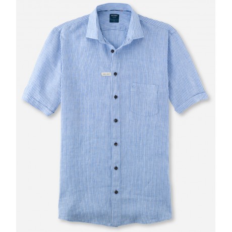 Рубашка мужская Olymp Casual 41021210, Modern fit, льняная голубая в полоску с коротким рукавом